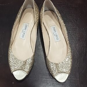Jimmy Choo Gold Glitter Peep Toe Flats